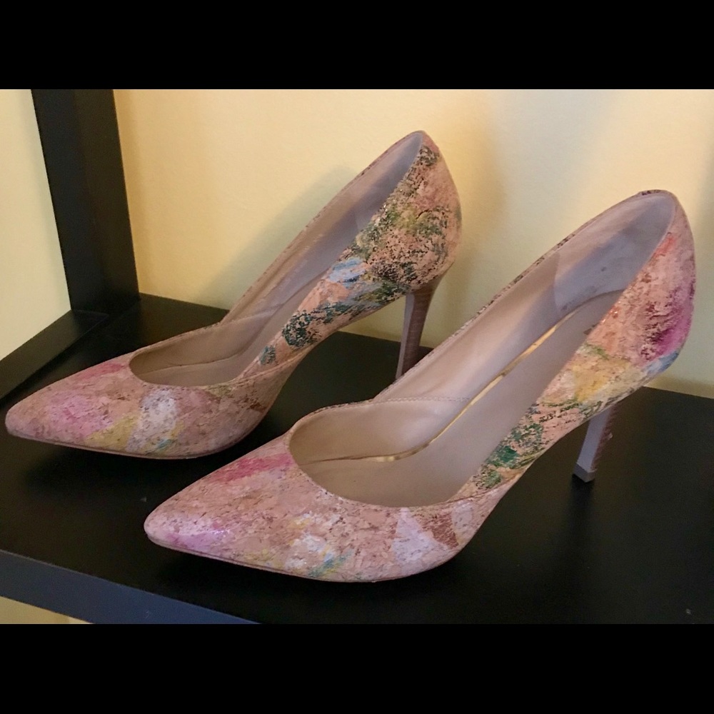 Multi-coloured leather and cork pumps.